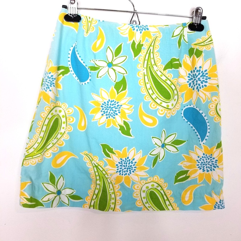 Lilly Pulitzer Women Floral Mini Skirt Sz 4‎ Blue Yellow Cotton Lined